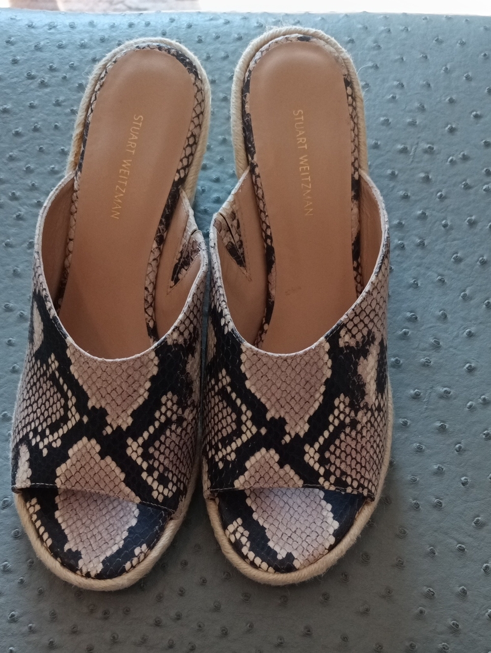 Stuart Weitzman Black and Beige Snake-Print Espadrille Mules